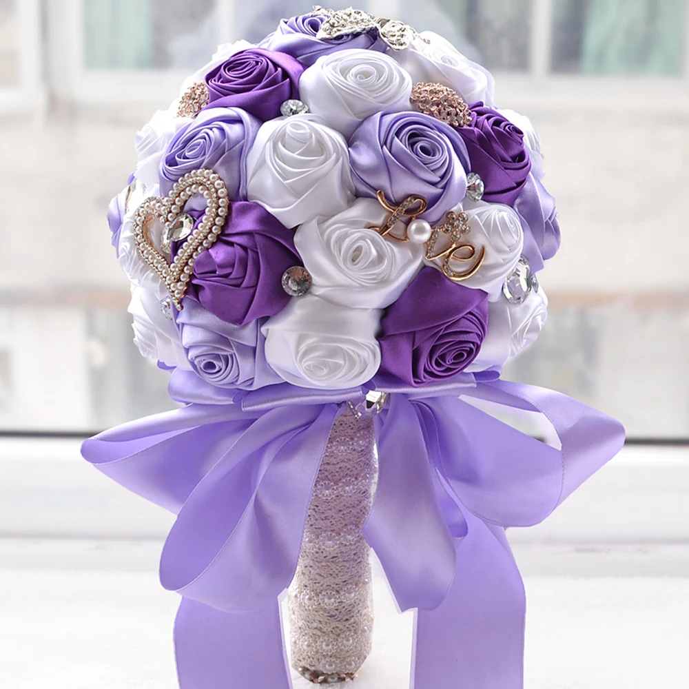 Elegant Satin Roses Ribbon Wedding Artificial Flower Hand Bouquet for Wedding or House Decoration