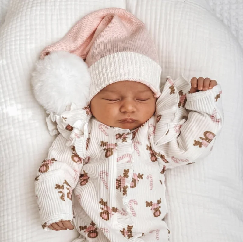 Newborn First Christmas Pink Pom Santa Beanie Oversized Long Knit Hat Perfect Headwear Accessory With Matching Booties Gift Set
