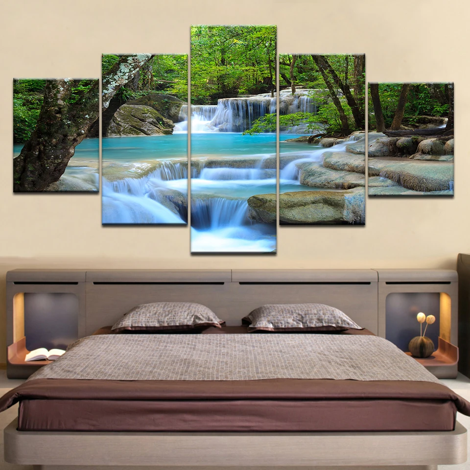 HD Prints Canvas Posters Home Decor 5 Pieces Natural Waterfall Paintings Wall Art Scenery Pictures Modular Living Room Decor