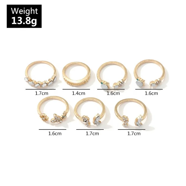 Women White Rhinestone Geometric Open Knuckle Rings Set Bohemian Gold Color Crystal Butterfly Ring Adjustable