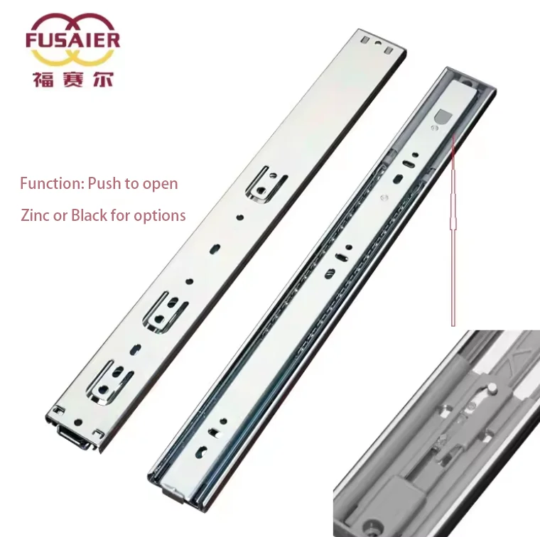 Full Extension Push To Open Drawer Telescopic Rails Kitchen Cabinet Hardware Light Push Slide-out Ball Bearing Drawer Sliders