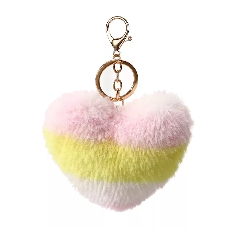 fluffy personalized heart shaped fur pompom keychain  color heart shape cute custom fake  fur pom pom  keychain
