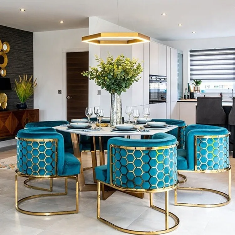 Unique Dining Chair With Laser Cutting Behind Navy Blue Velvet Dining Chair for Restaurant