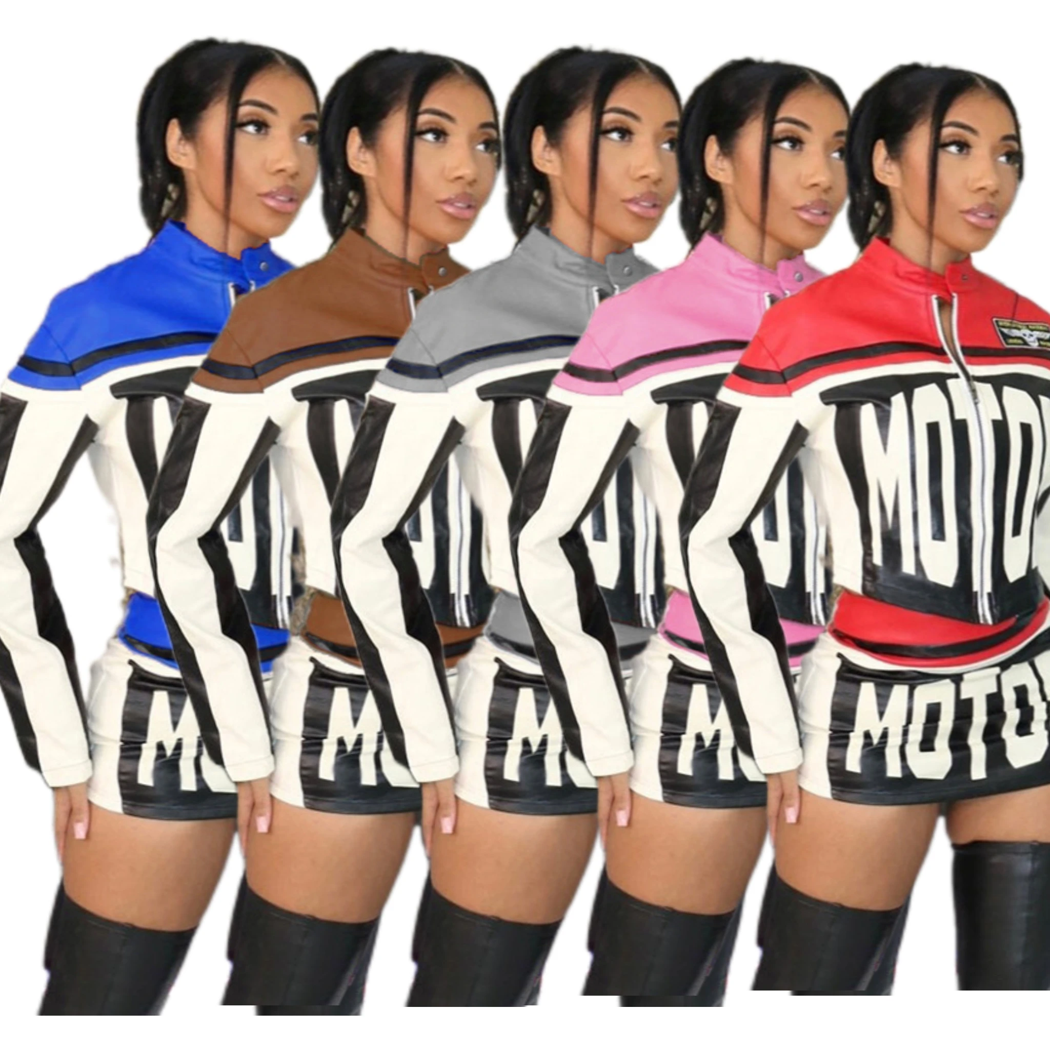 2024 New Arrival Pu Leather Crop Jacket And Mini Skirt Women Club Wear Women Suits Jacket And Skirt Set