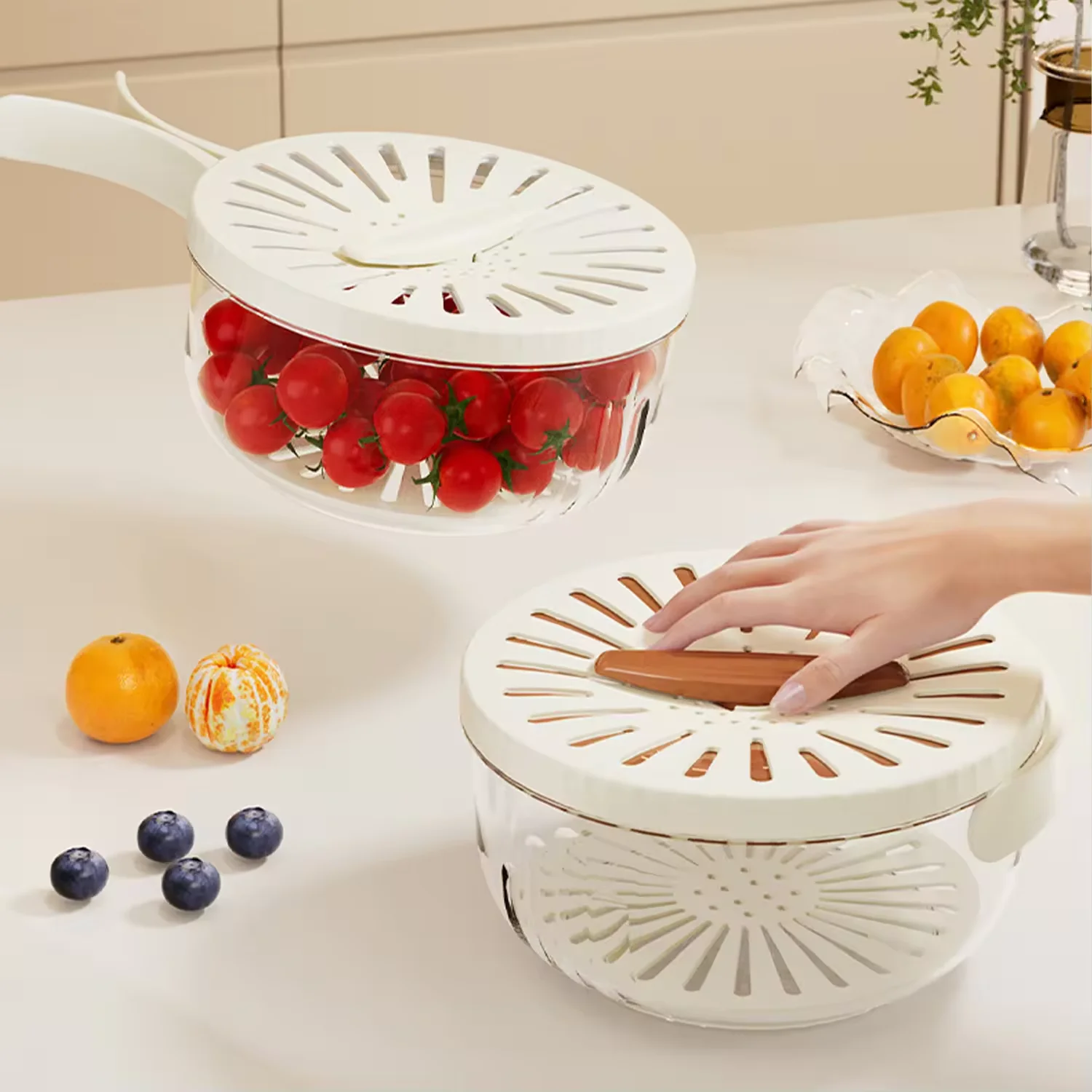 Multifunctional Double-Layer Vegetable & Salad Bowl Drain Basket with Foldable Handles & Lid Practical Storage Box & Bin