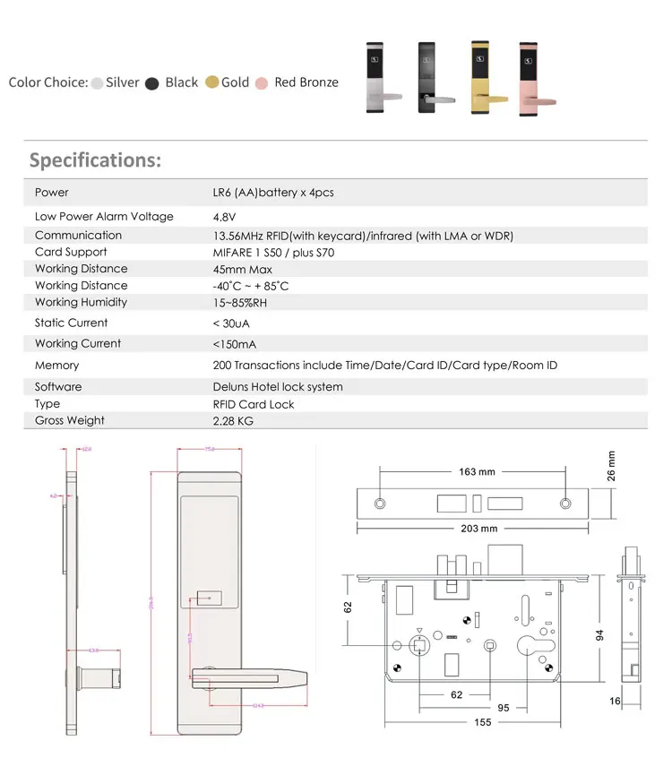 Deluns High quality customized 304 stainless steel hotel lock rfid wristband intelligent door lock with free software system