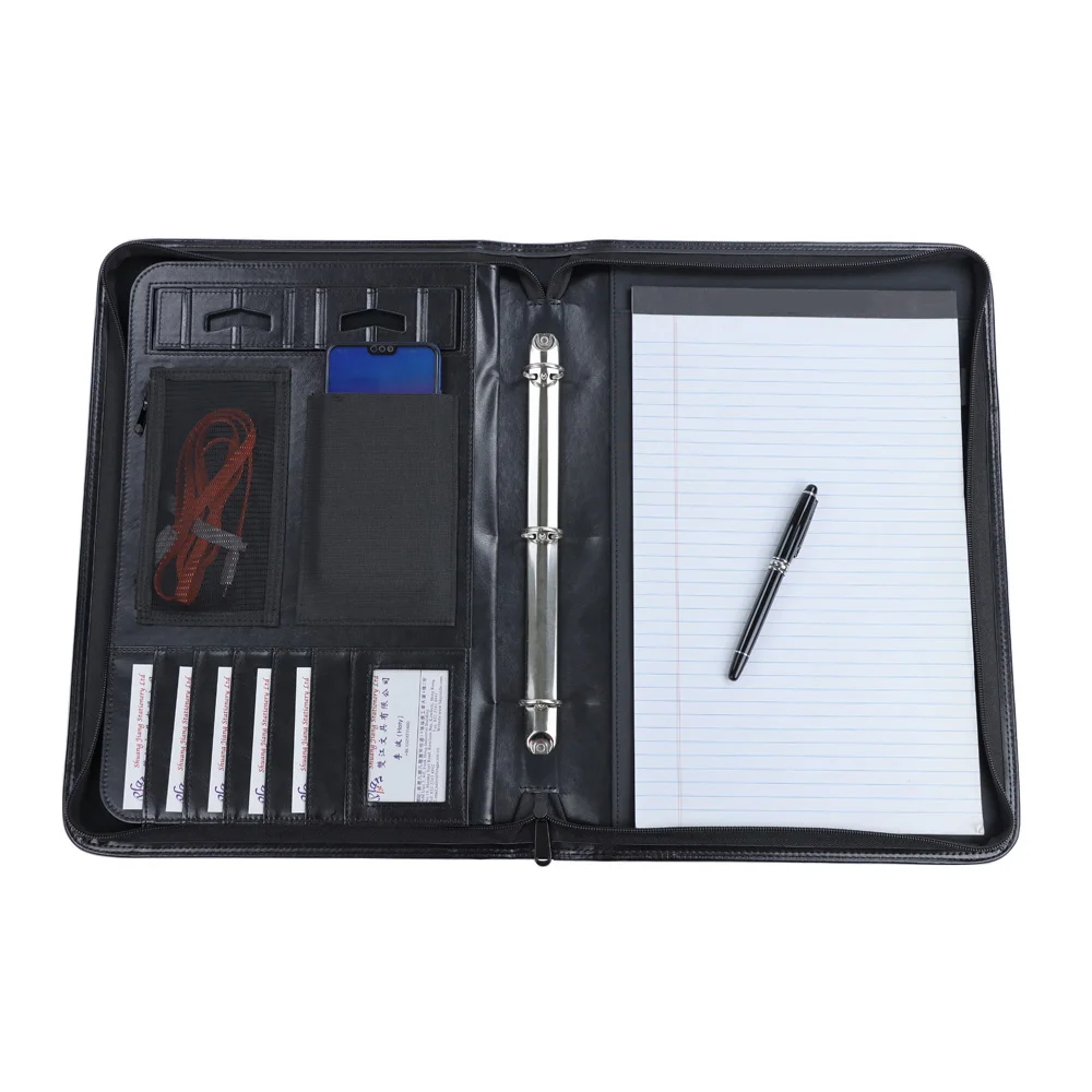 High quality file binder pocket 3 ring zipper portfolio document folders with padfolio pad holder