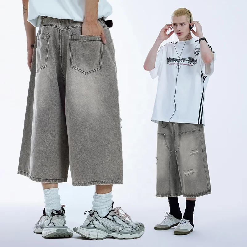 INFLATION Ripped Seven Denim Shorts Jean Men Double Knee Streetwear Manufacturer Hip Pop Jean Shorts