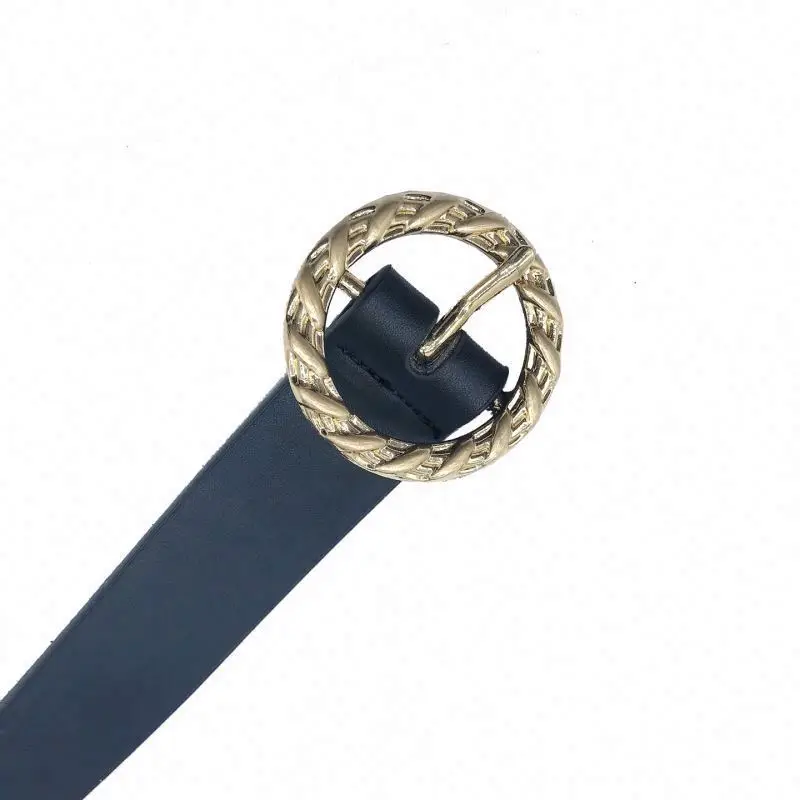 Alfa Casual Genuine Leather Belts Black Leather Belt With Round Gold Buckle For Ladies Waist Dress