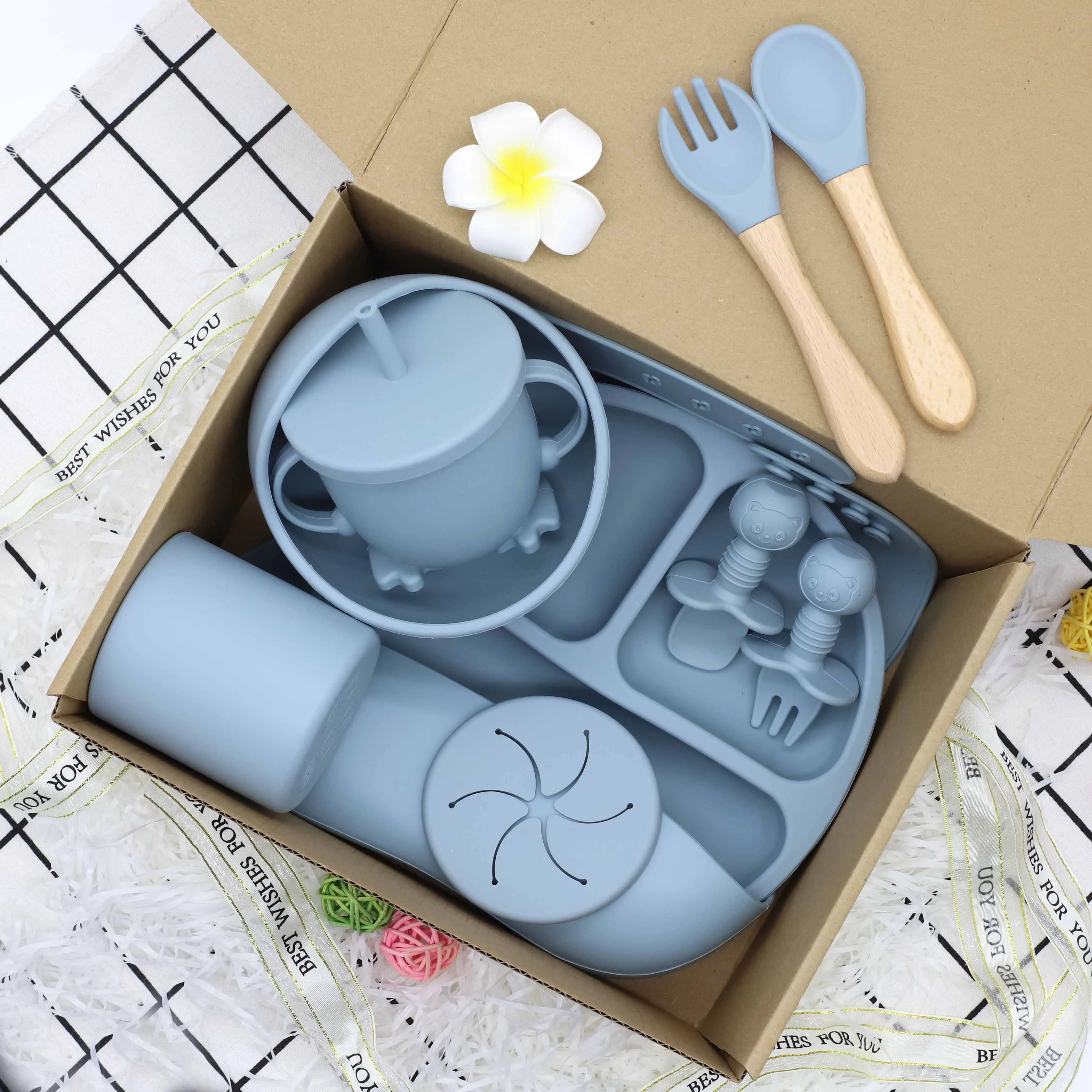 2022 10Pcs Toddler Feeding Food Tableware Spoon Matching Fork Bib Dinner Plates Non Spill Suction Silicone Baby Bowl