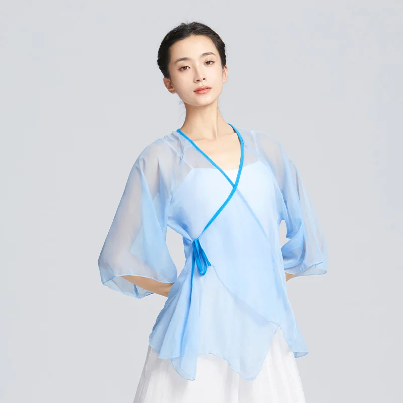 Women Elegant Soft Irregular Mesh Top Adults Classical Ethnic Dance Tops with Three-quarter Sleeves