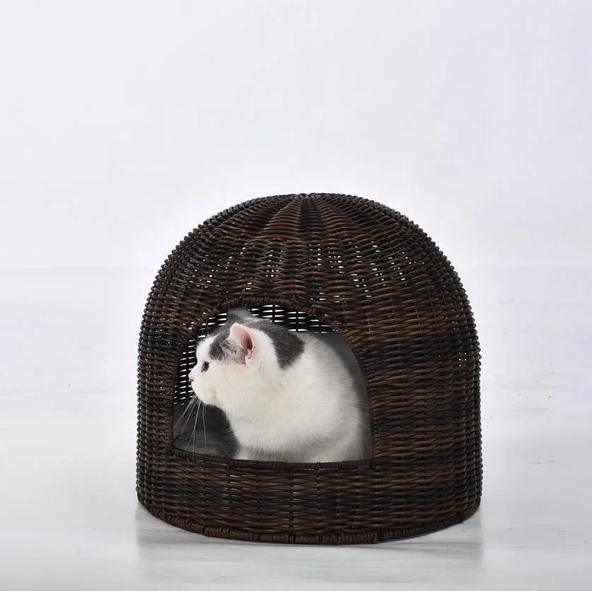 Modern Stylish Design Pet Furniture Washable Cat Cave Round House Artificial Rattan Wicker Cat Bed