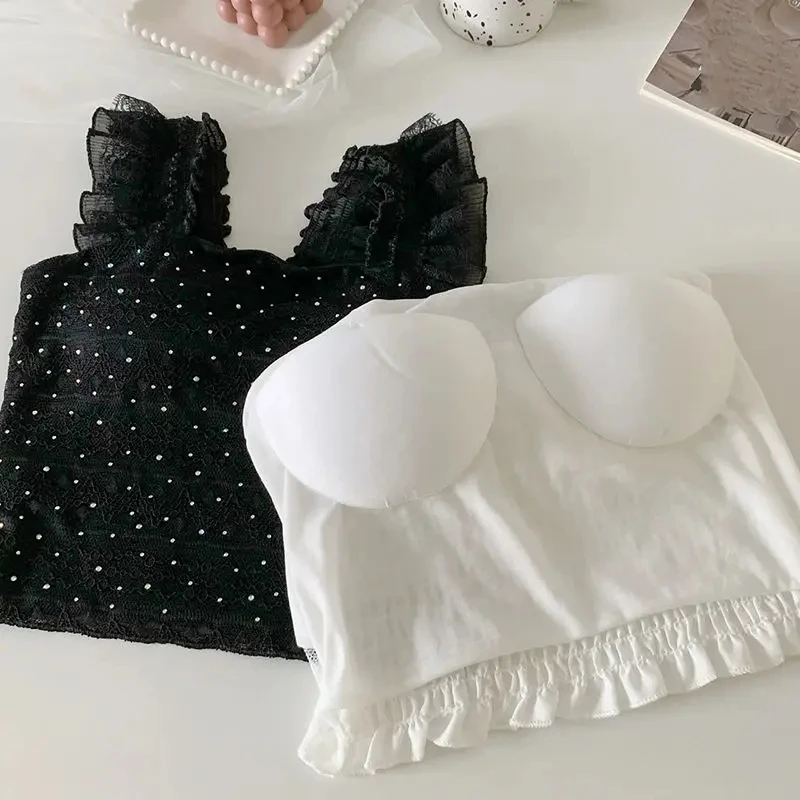 Crop Tanks Women Bright Diamond Y2k Summer Lovely Ruffles Tops Sexy Hot Girls Holiday All-match Korean Style Fashion Clothing