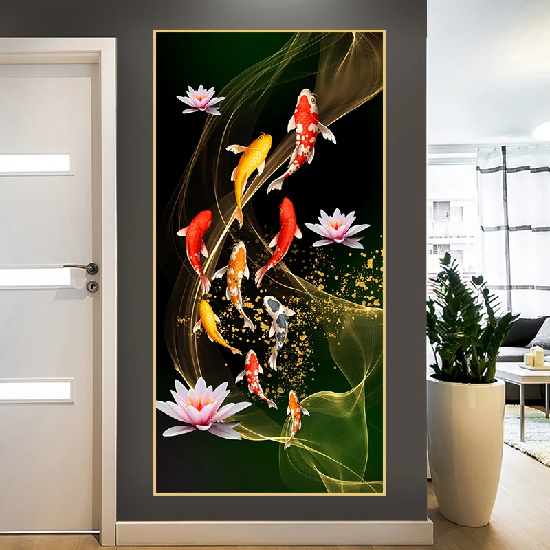 Abstract Golden Carp Lotus Pond Art Posters Prints Modern Wall Art Pictures Artworks Decor for Living Room Home Canvas Paintings