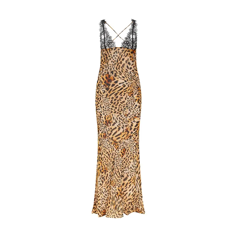 New European and American Spice Girls Perspective Backless Dress Sexy Deep V Lace Splice Print Leopard Chiffon Sling Dress Women