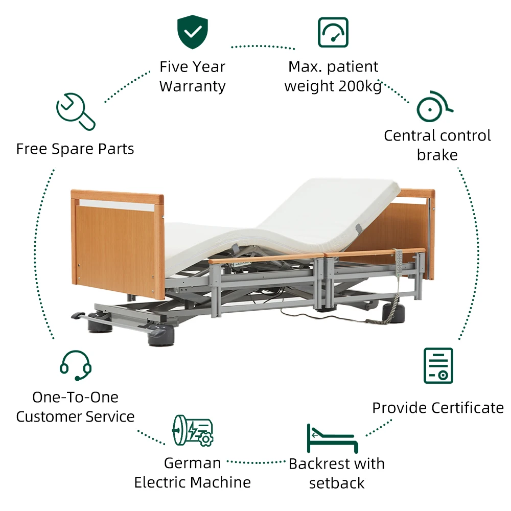 Tecforcare One-button Brake Adjustable Beds 5 Function Electric Hospital How Care Bed for The Elderly