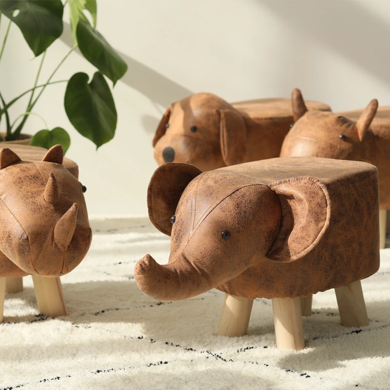 Wood Dog Children Footstool Pouf Kid Animal Ottomans Stools