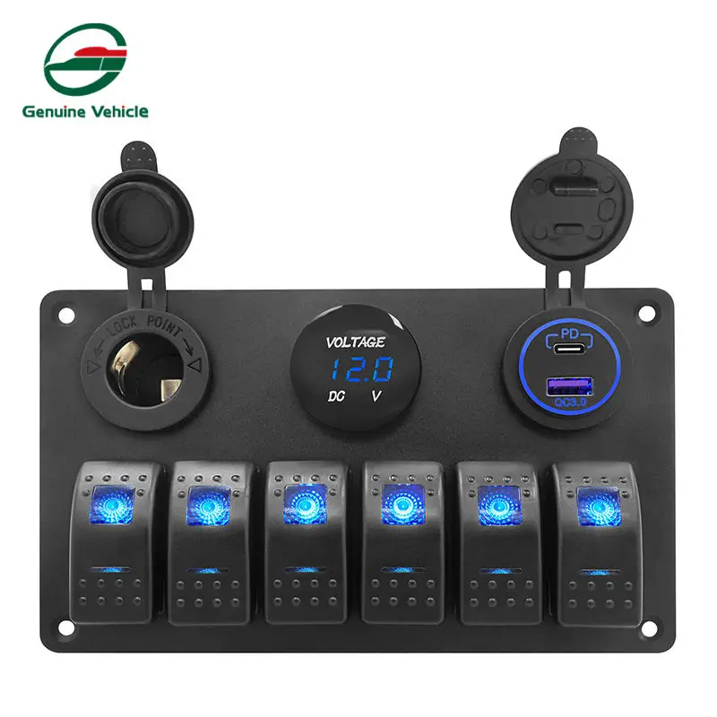 RV accessories aluminum alloy 6 gang 12v rocker switch panel toggle rocker with USB socket for marine caravan