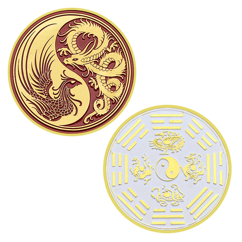 Dragon and Phoenix Gold Coin Chinese Tai Ji Commemorative Medal In Capsule Gifts