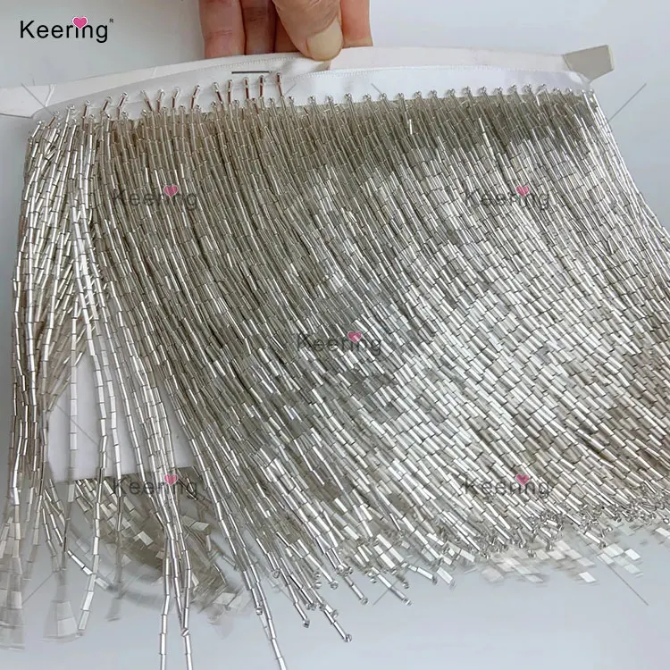 Small MOQ Fast Shipping Keering In Stock Dress Glass Ribbon fringe beaded tassel trim 15cm For Shirt