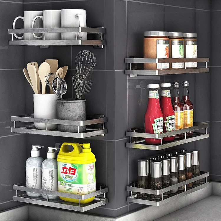 Wall Mounted 304 Stainless Steel Seasonging & Condiments Holder Multi-functional Kitchen Spice Rack Bathroom Shower Caddy