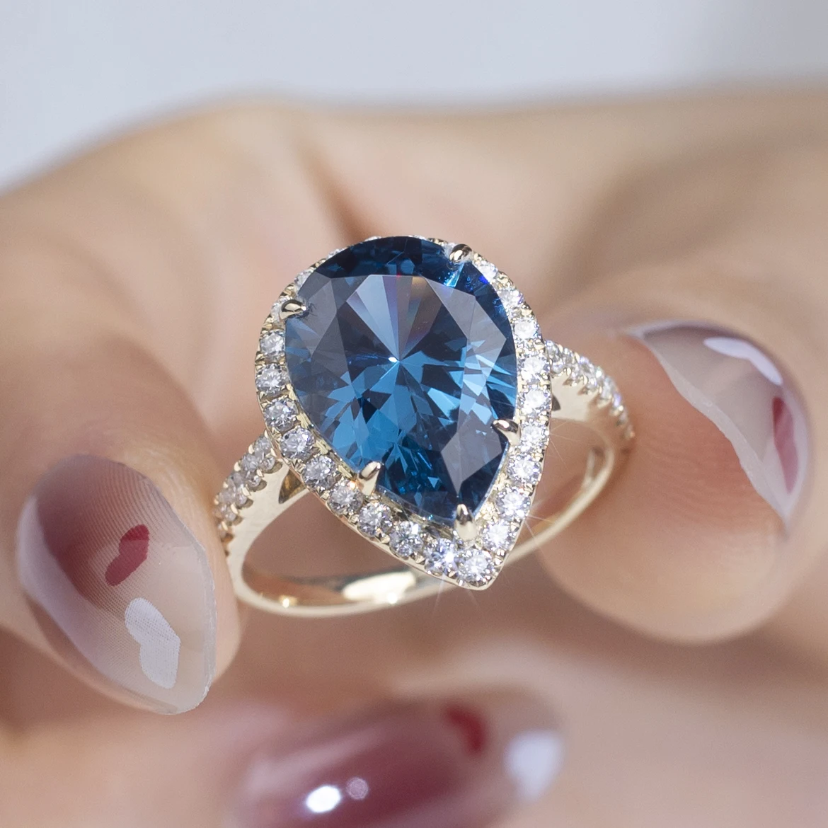 Messi gems 10x14mm pear synthetic spinel women engagement wedding 10K Gold Ring