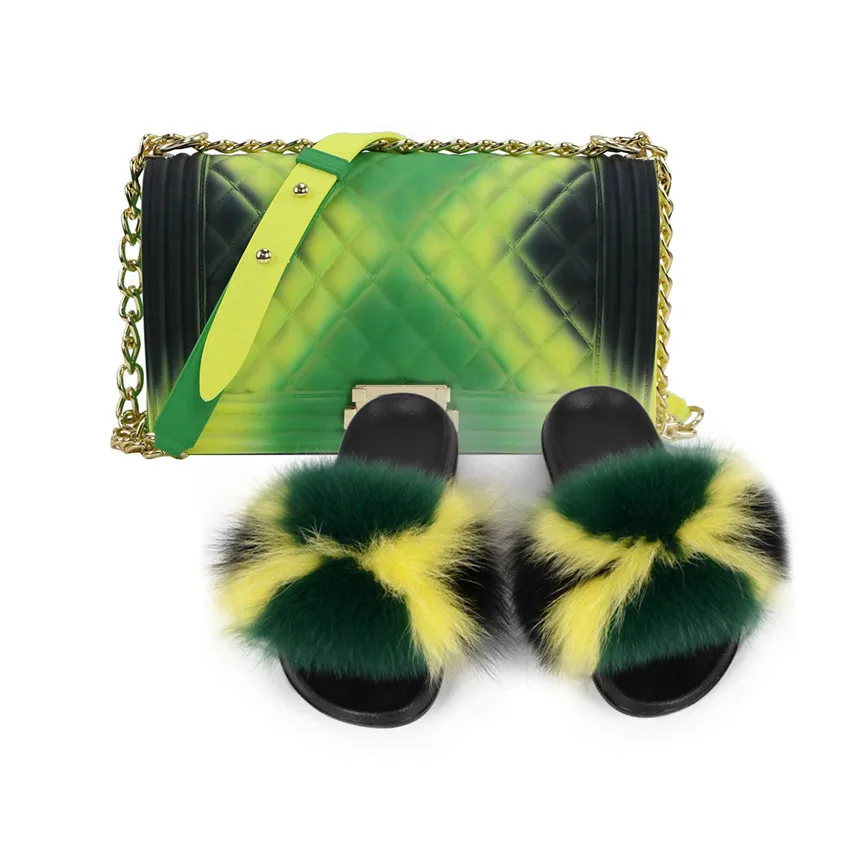 2023 Real Fox Fur Slippers Jelly Handbag Set Wholesale 2 Pcs Fluffy Fur Slides Set Purse