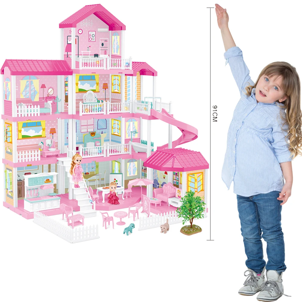 
Huiye 2020 large Doll House kit Pink Toys baby doll for kids house diy big doll house children accessories casa barbie  (1600189565163)