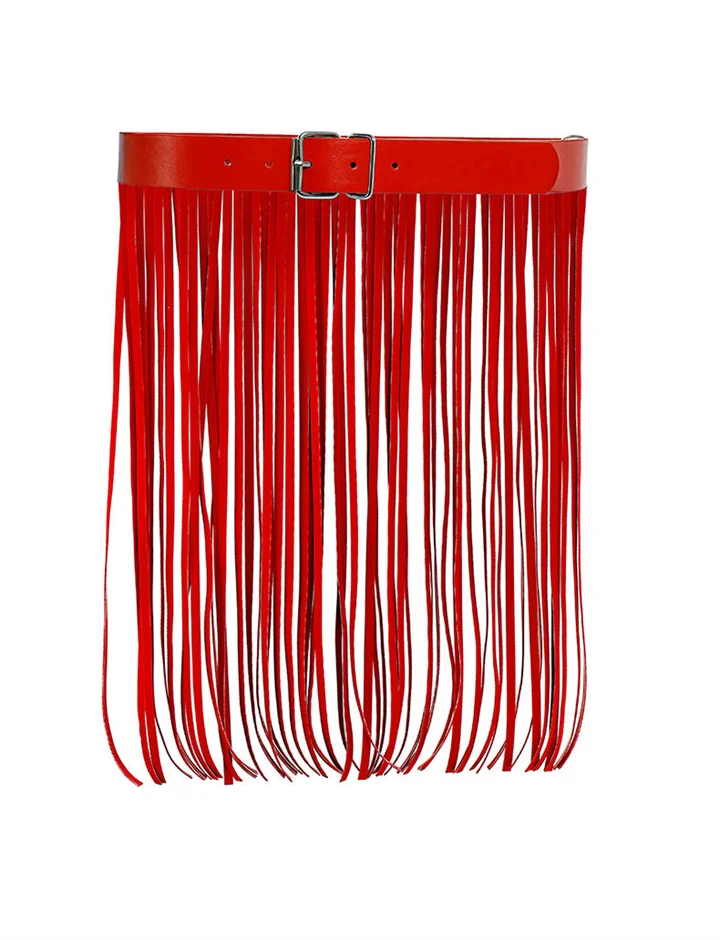 Erotic Costume Bondage Fetish Open Pants Sexy Red Tassel Leather Pole Dance Pants