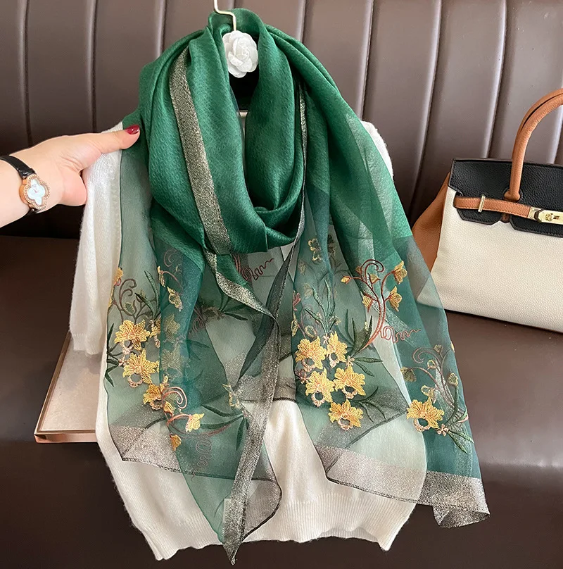 Wholesale Premium Embroidery 100% Pure Silk Scarf in Stock Elegant Flower Design Shimmer Edge Wool Blend Long Scarf for Ladies