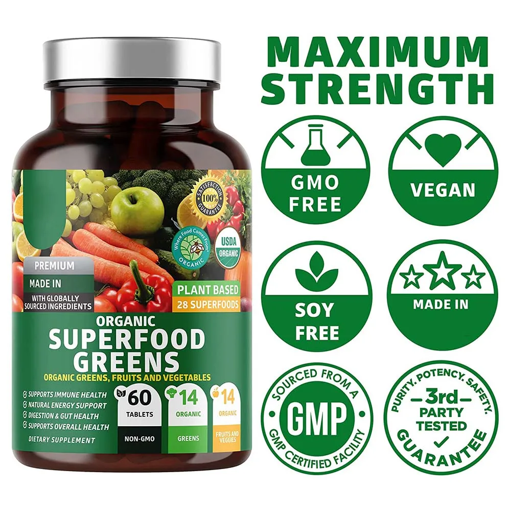 2024 Vegan Boost Energy Immunity and Gut Health Organic Superfood Greens Tablets Beet Root and Ginger Pills