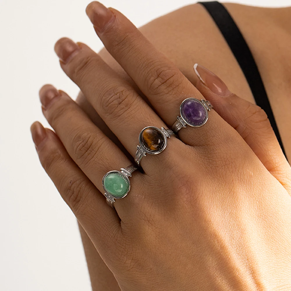 Vintage Silver Color Stainless Steel Ring Oval Tiger Eye Green Purple Semi-Precious Stone Open Rings for Women