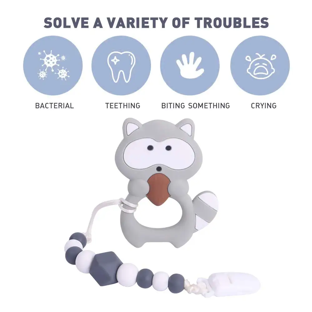 Wholesale Food Grade Baby Animal Chewing Toys Safety Natural Soft DIY Nursing Silicone Squirrel Pacifier Wood Teething Toy Kids