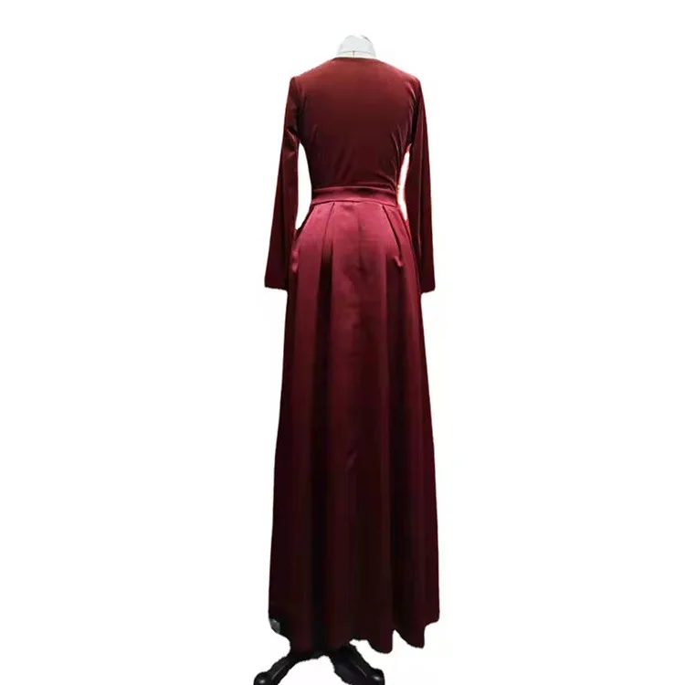 Fall Fashion Long Sleeve Deep V Neck Burgundy Dress Woman Evening Velvet Dress