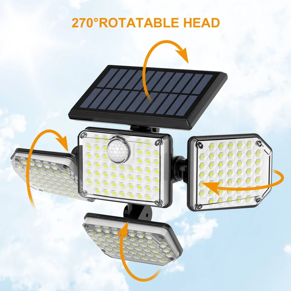 Solar Powered PIR Motion Sensor Wall Lamp 4 Heads 270 Degree Rotating Outdoor IP65 Remote Control Floodlight Security Light