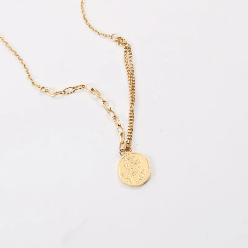 N1005 High End 18K Gold Plated No Fade Fashion Rose Flower Seal Pendant Pin Link Chain Stainless Steel Necklace