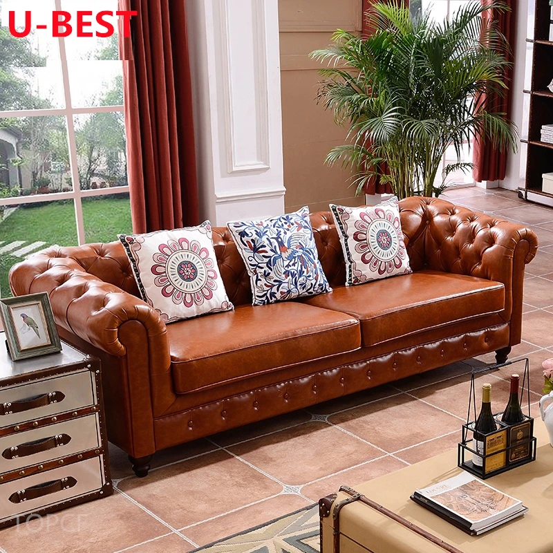 U-BEST Luxury Modular Modern Design Vintage Style Chesterfield Leather Lounge Sectional Sofa Set Furniture Living Room Sofas