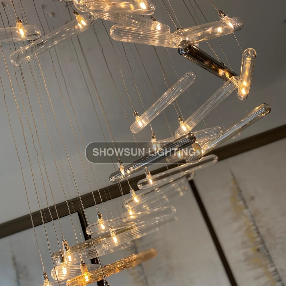 Customized large spiral long led glass stairs chandeliers for villa hotel lobby