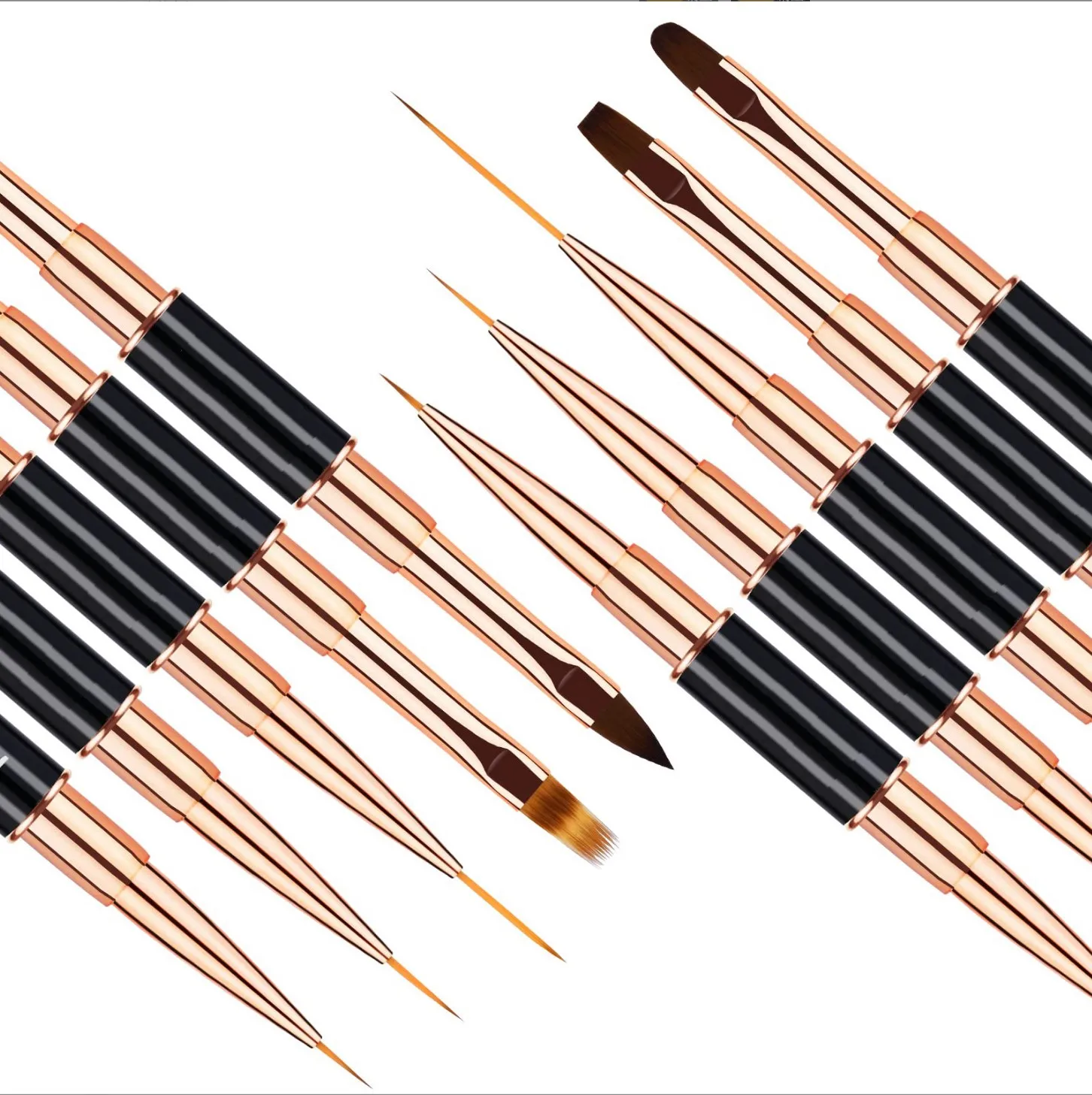 Custom New 3D Nails Brush Liner with Ombre Flat Cover Gel Art Design Double End Rose Gold Metal Handle Nail Art Paint Brush