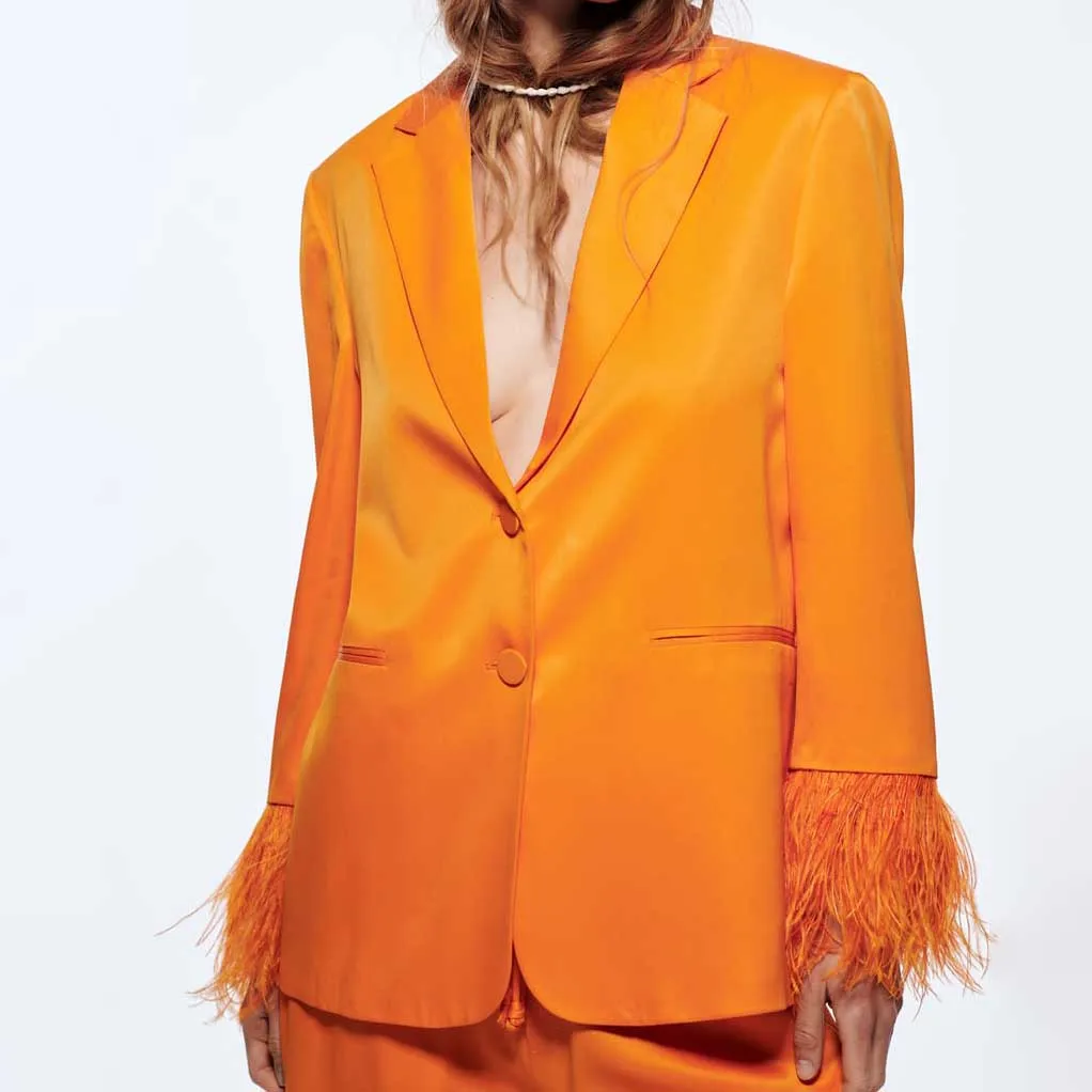 custom winter clothing women Satin effect  Long sleeves with removable tonal feathers blazers ladies women