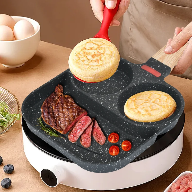 Non-stick Frying Pot Pan 3 Holes Steak Egg Pancake Thickened Omelet Pan Wooden Handle Pan For Kitchen Utensils