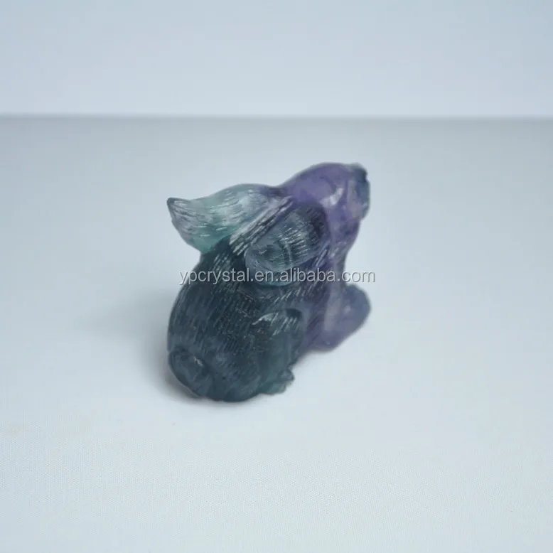 Wholesale Natural Semi-precious Stone Carved Crystal Craft Rainbow Fluorite Animal Rabbit Figurine