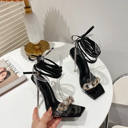 2022 Fashion Sexy Square Toe Wedding Shoes Roman Strap Sandals Rhinestone Chain Transparent High Heels For Women