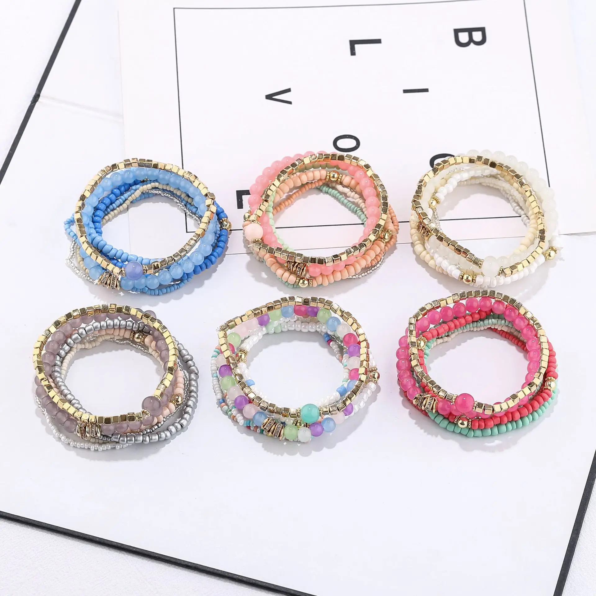KinLing OEM apilar pulseras de cuentas de cristal  Multilayer colorful stack elastic crystal beaded bracelets