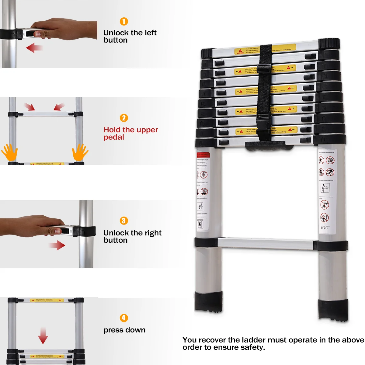 Wall mounted retractable heavy duty foldable telescopic ladder aluminum 4 m for household