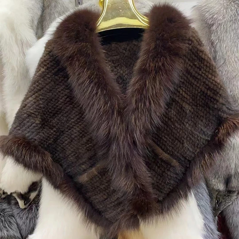 2023 autumn winter authentic mink fur shawl with long fox fur collar with front pocket luxury hand knitted mink fur ponchos