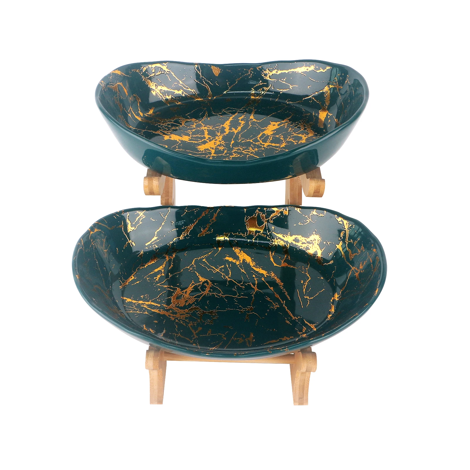 Creative Black and Dark Green With Gold Marble Ceramic Plates Serving Dishes Bamboo Rack for Ethiopian