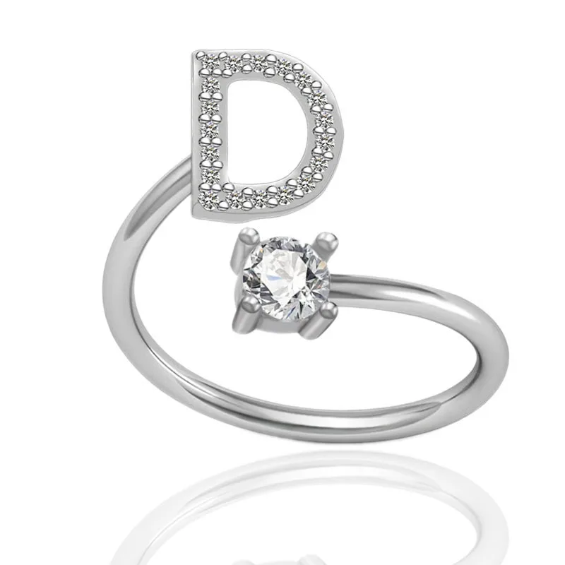 New A Z Letter Adjustable Gold Rings Women Silver Zircon Initial Ring Women Jewelry Creative Opening Diamond Initial Rings