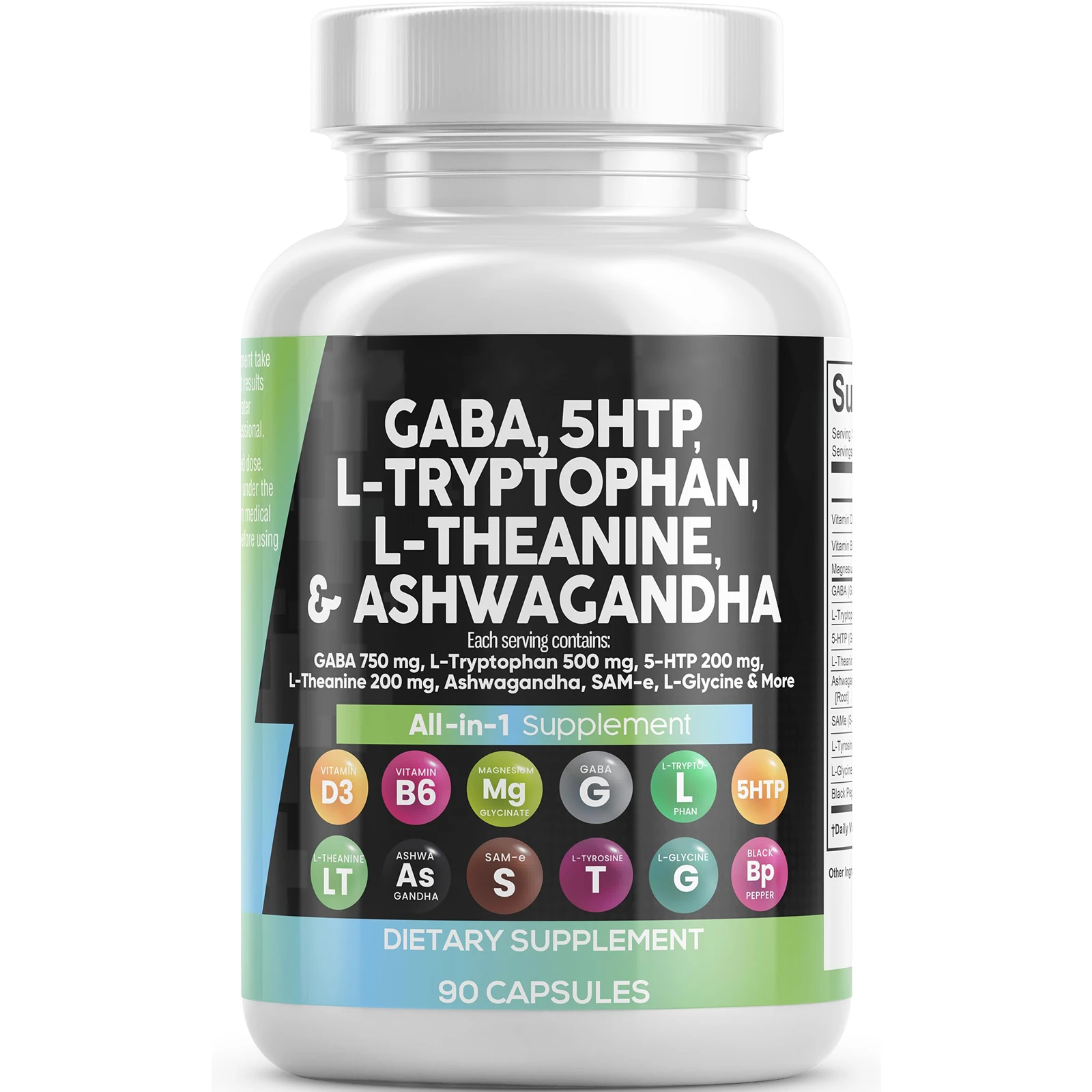 GABA Capsules 750mg 5 HTP L Tryptophan L Theanine Ashwagandha L-Glycine Mood Support Vitamins for Women and Men with L-Tyrosine