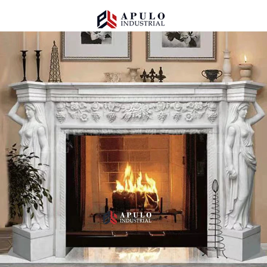Two Tiers Natural Stone Carving Cultured Surround Black White Beige Electric Marble Slab Fireplace Mantel Griotte With Cherub